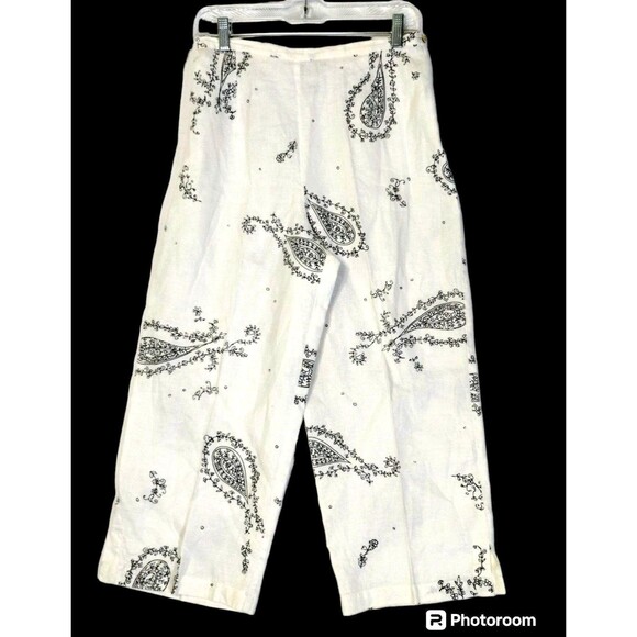 White Black Paisley Linen Size M Crop Wide Leg Clean Girl Resort Old Money - Picture 1 of 7